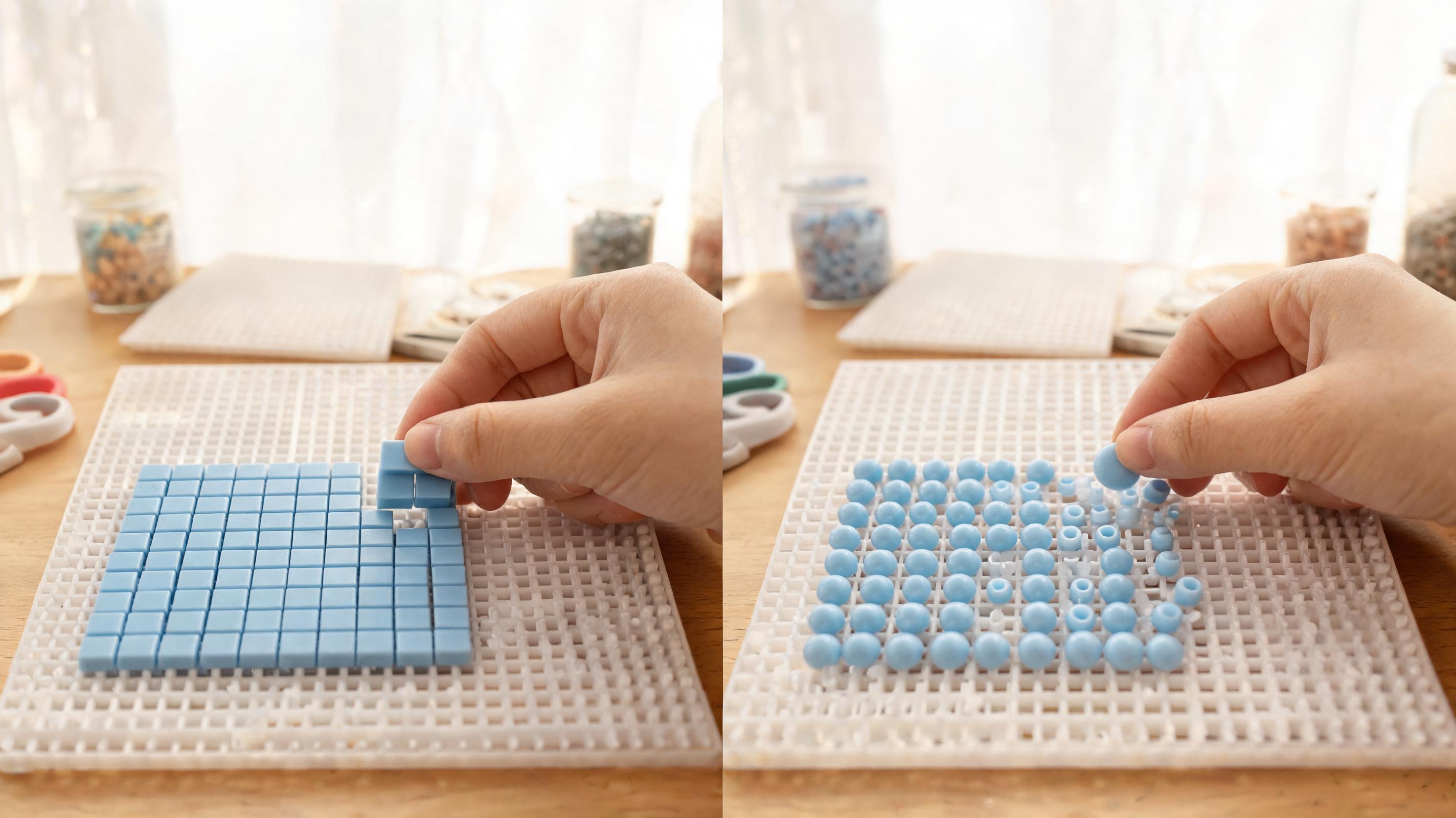 Square pixels compared with round beads on a peg board