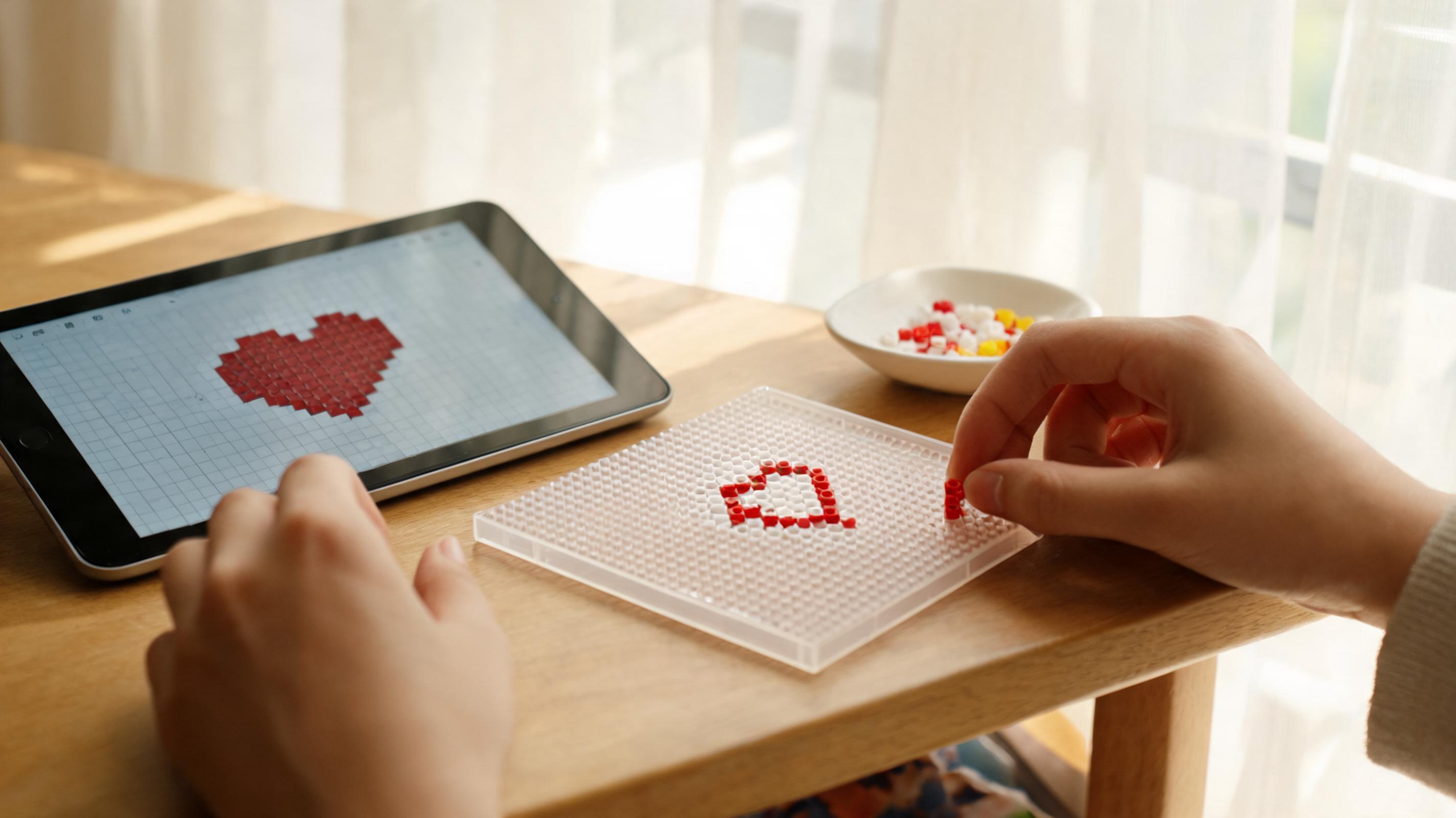 Beginner working on a simple pattern beside a tablet
