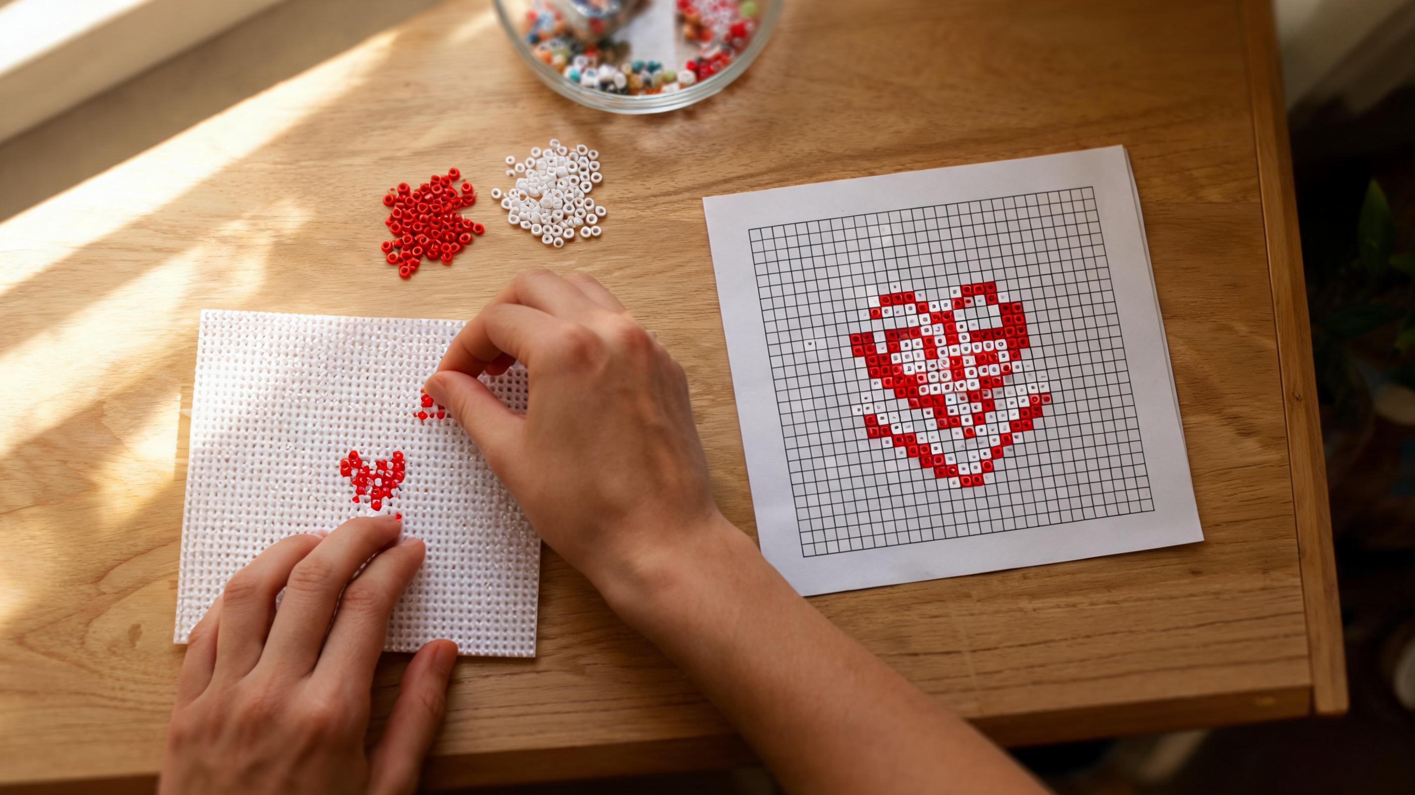 A digital pixel grid aligned with round beads on a peg board