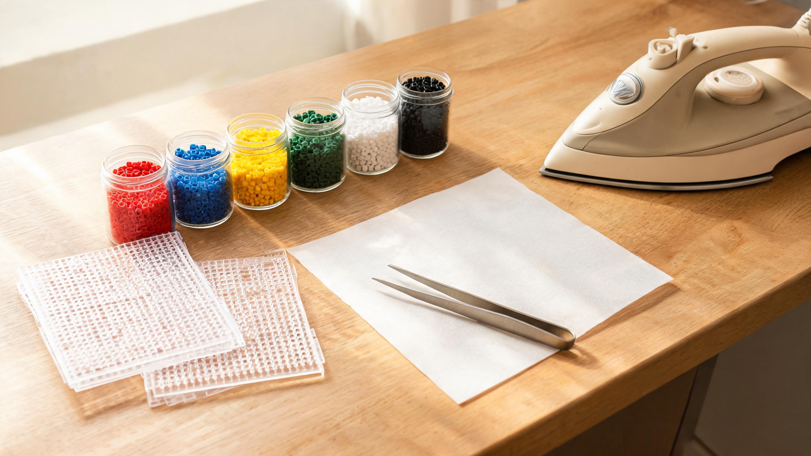 Fuse bead supplies laid out on a craft table