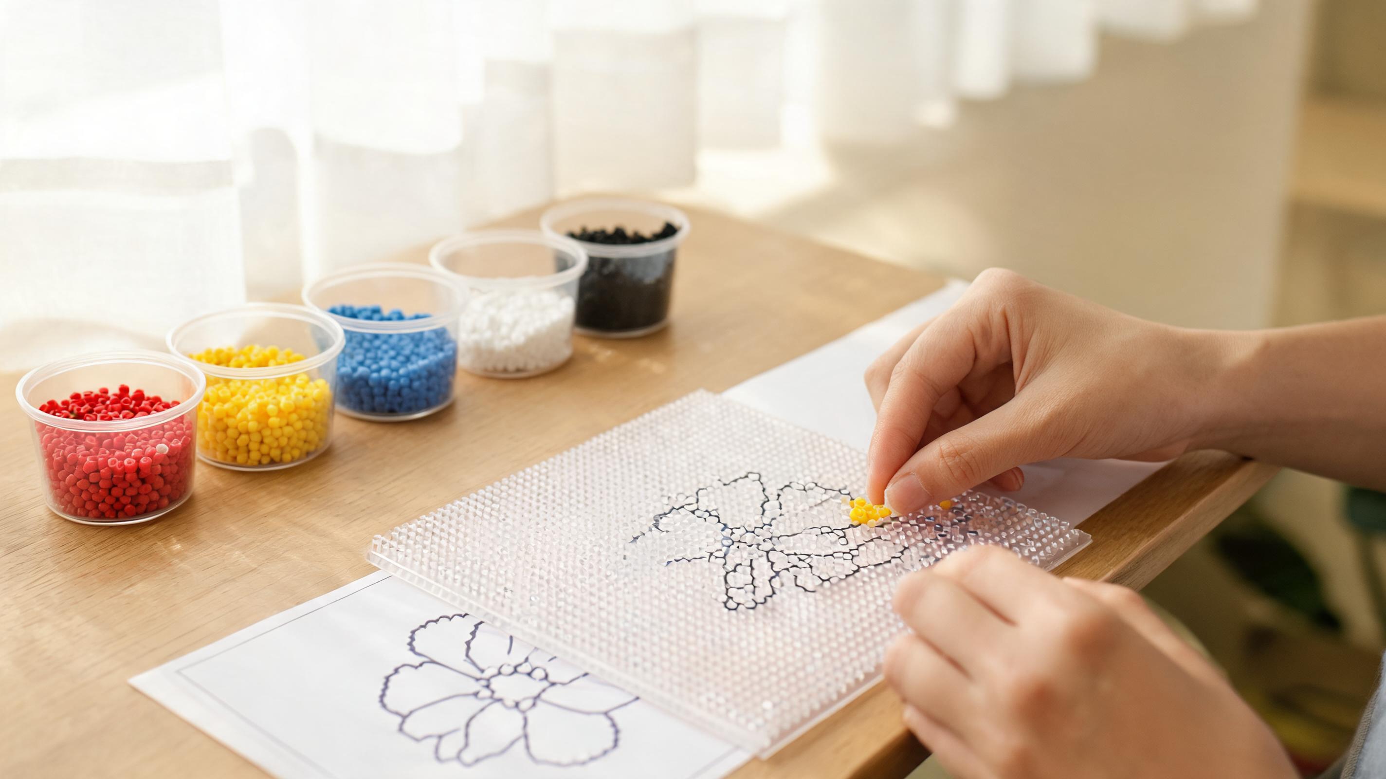 Peg board aligned with printed pattern and sorted bead cups