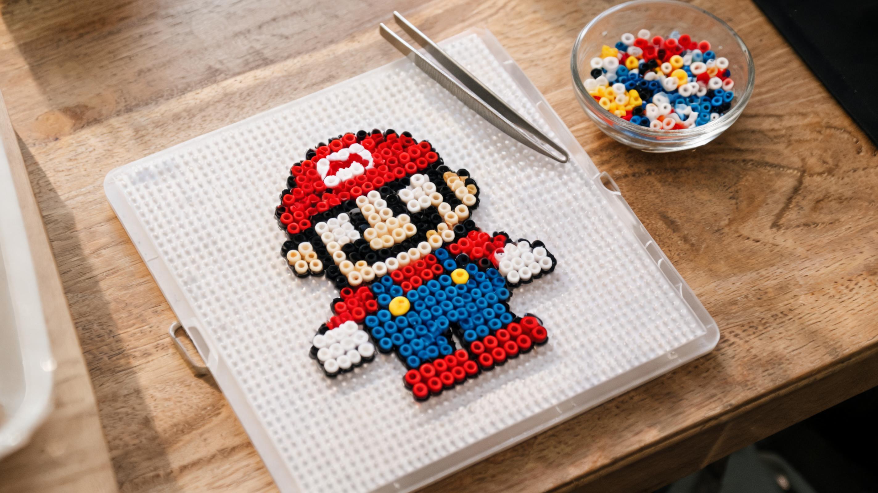 Pixel art character translated to round fuse beads