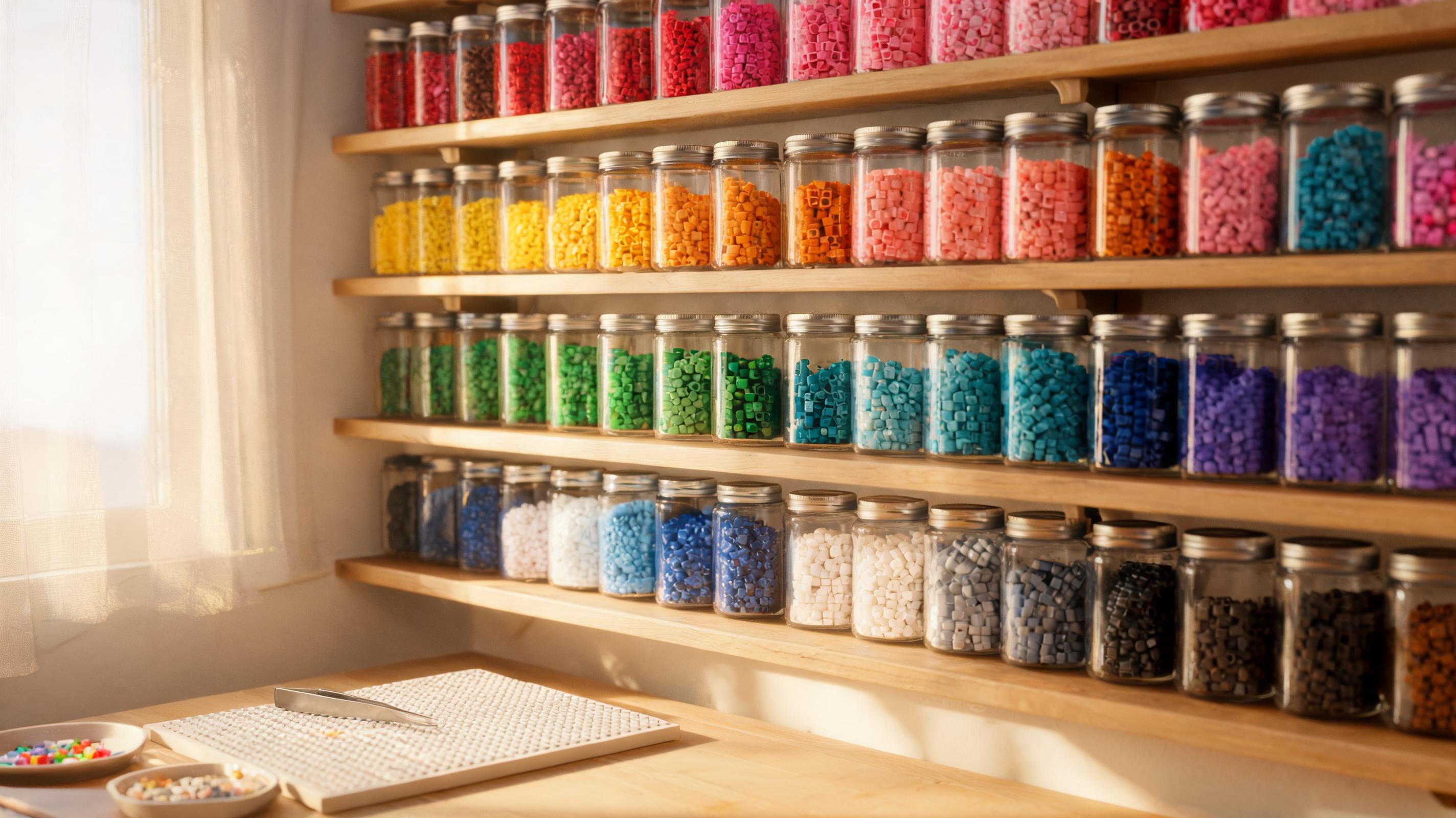 Organized fuse bead jars sorted by color