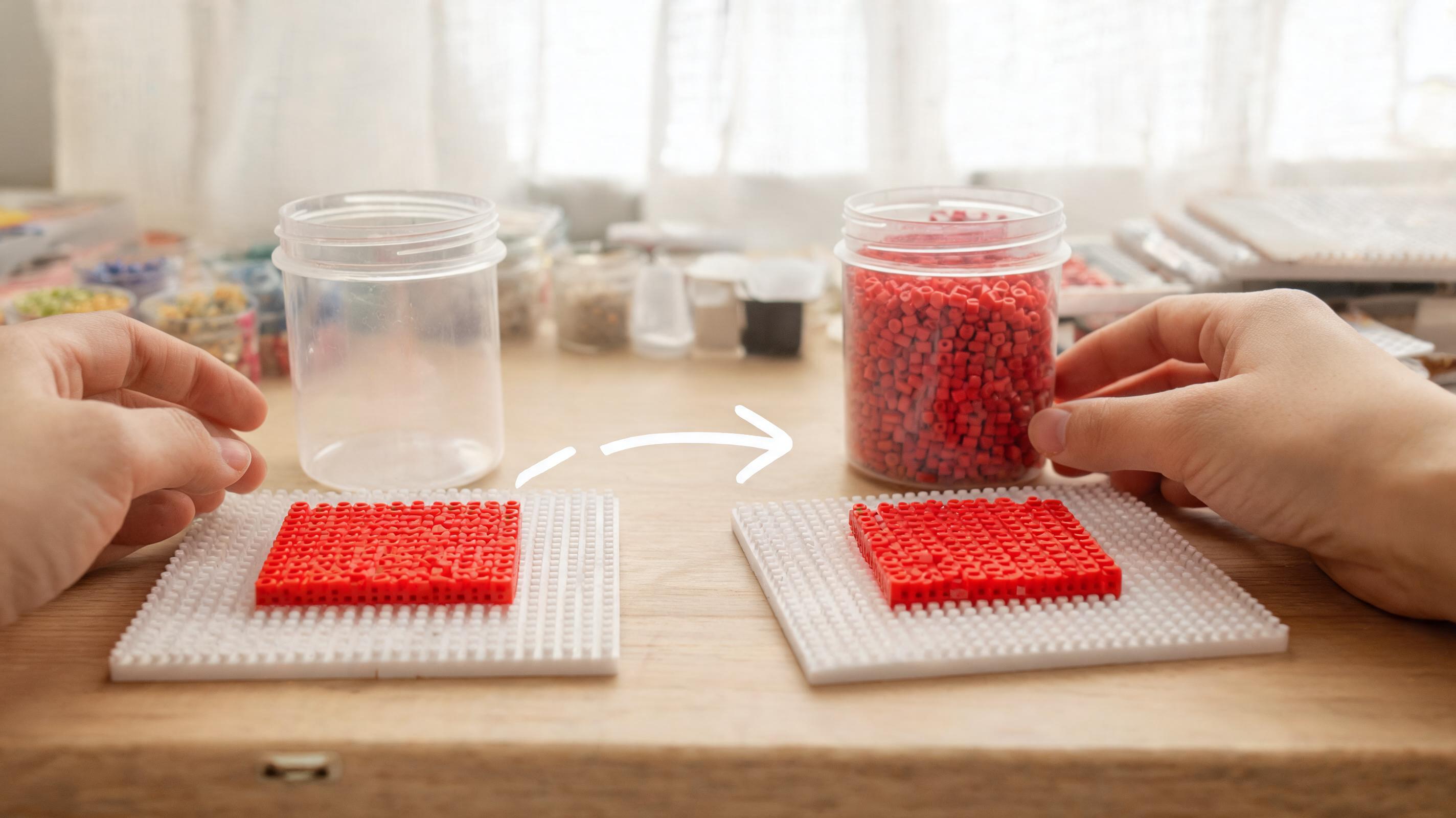 Two similar red bead colors with substitution arrow