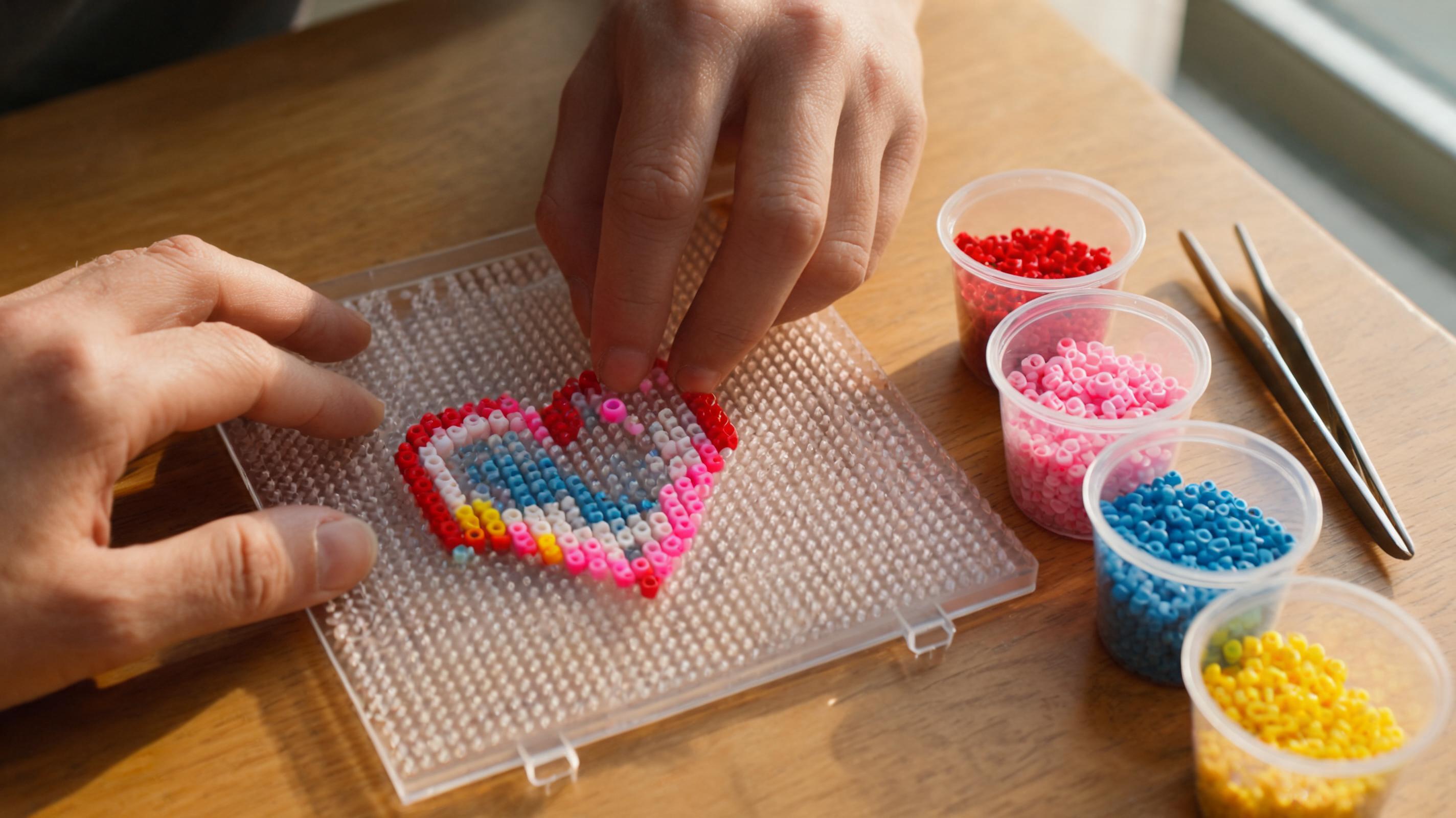 Hands placing colorful fuse beads on a peg board